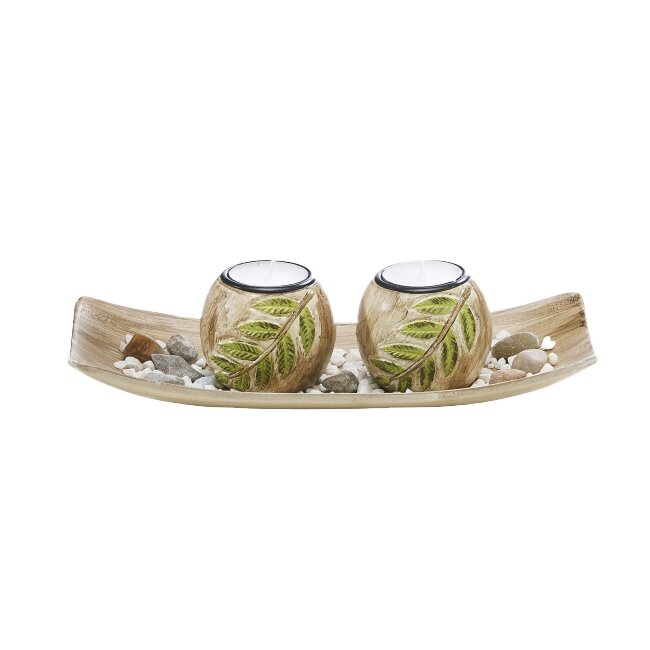 Dekorativ skål med 2 lysestager, bladdesign