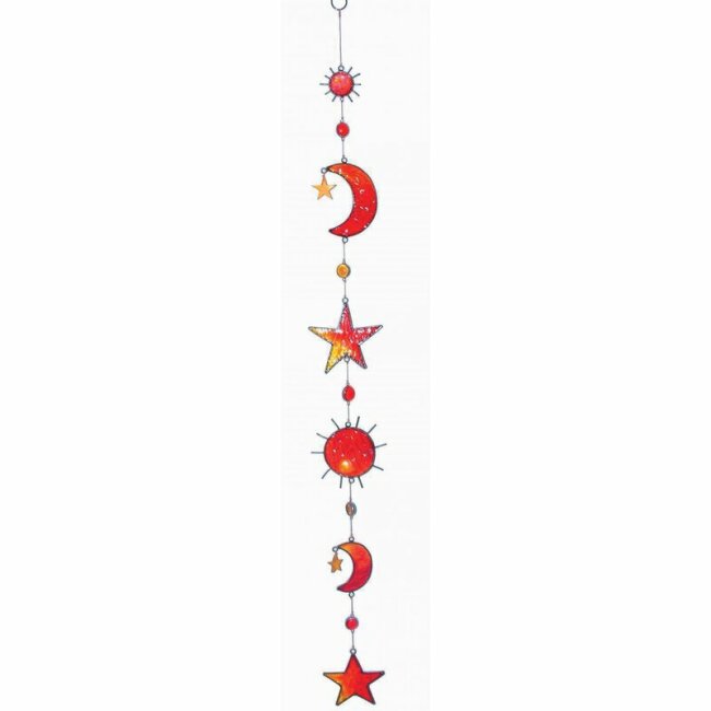 Suncatcher necklace of sun moon stars orange red 95 cm