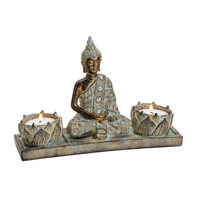 Buddha med to fyrfadsstager, ca. 20 x 13 x 6 cm