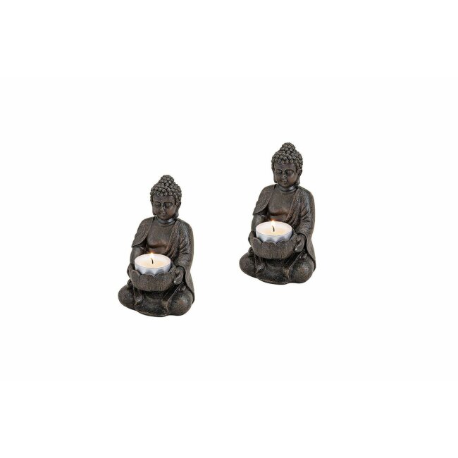 Buddha med fyrfadsstage sæt med 2 brune, ca. 9 x 8 x 14 cm