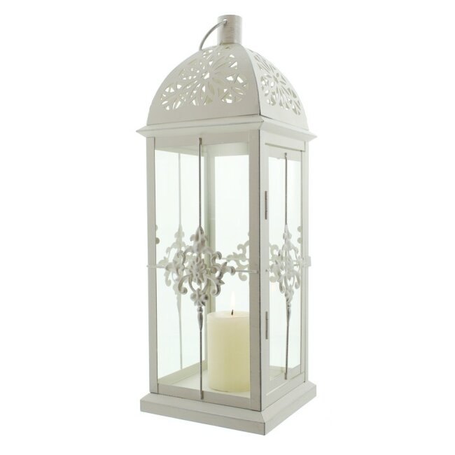 Lanterne en métal baroque laqué blanc avec inserts en verre 39 cm